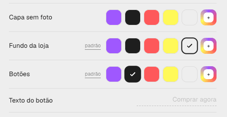 Tela real da personalização: cores da capa, fundo, botões e texto do botão